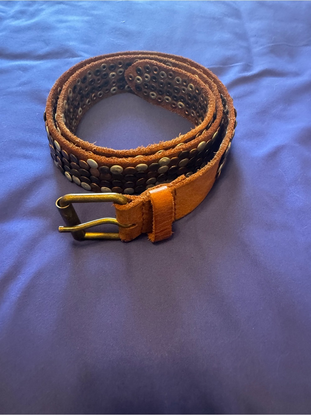 Women's Studded Brown Leather Belt with Brass Buckle